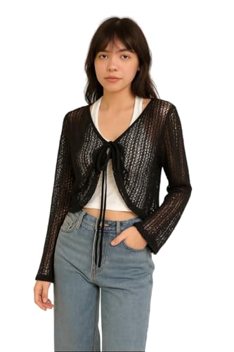 Buy CRAMPLE®Knit Cropped Cardigan with Front Tie, Long Sleeve Open